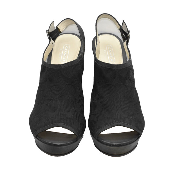 B0 Auth COACH Janet Black Signature Jacquard Hi Heel Wedge Sandal Shoes Sz 8.5M - Picture 4 of 8